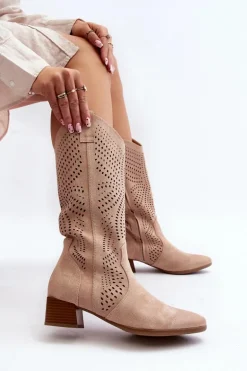 Ażurowe Kozaki Na Niskim Obcasie Beżowe Walea