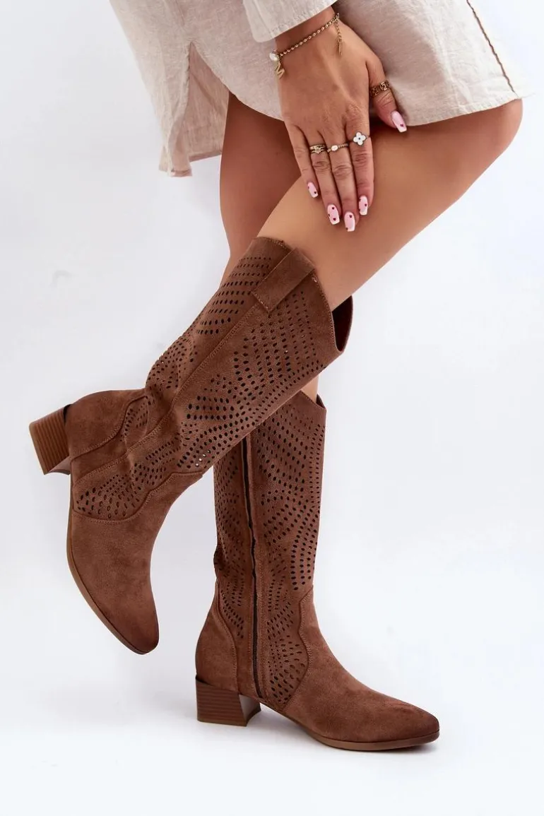 Ażurowe Kozaki Na Niskim Obcasie Brązowe Walea