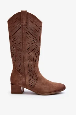 Ażurowe Kozaki Na Niskim Obcasie Brązowe Walea