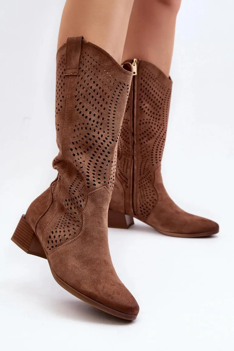 Ażurowe Kozaki Na Niskim Obcasie Brązowe Walea