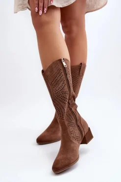 Ażurowe Kozaki Na Niskim Obcasie Brązowe Walea