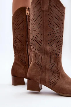Ażurowe Kozaki Na Niskim Obcasie Brązowe Walea