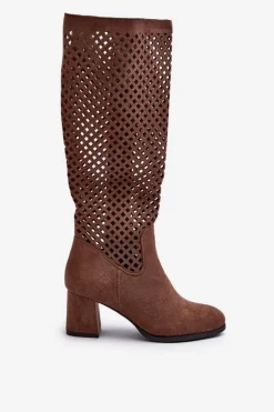 Ażurowe Kozaki Na Obcasie Zamszowe Brązowe Jolenna