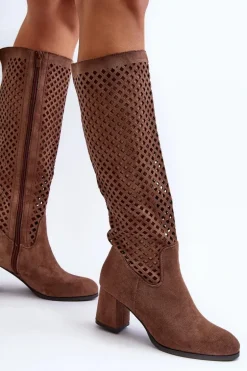 Ażurowe Kozaki Na Obcasie Zamszowe Brązowe Jolenna