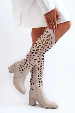 Ażurowe Kozaki Na Obcasie Beżowe Pinkema