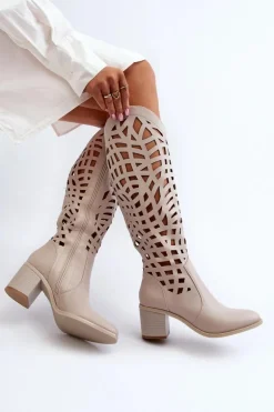 Ażurowe Kozaki Na Obcasie Beżowe Pinkema