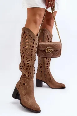 Ażurowe Kozaki Na Obcasie Brązowe Pinkema