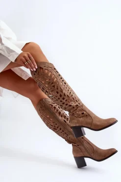 Ażurowe Kozaki Na Obcasie Brązowe Pinkema