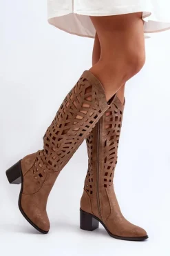 Ażurowe Kozaki Na Obcasie Brązowe Pinkema