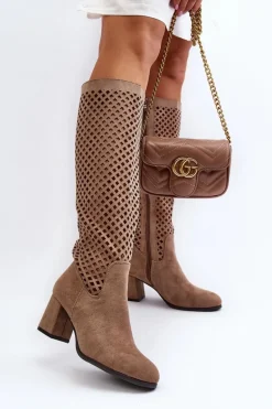 Ażurowe Kozaki Na Obcasie Zamszowe Beżowe Jolenna