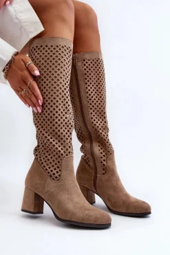 Ażurowe Kozaki Na Obcasie Zamszowe Beżowe Jolenna