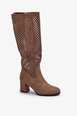 Ażurowe Kozaki Na Obcasie Zamszowe Beżowe Jolenna