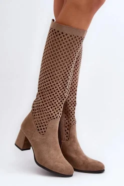 Ażurowe Kozaki Na Obcasie Zamszowe Beżowe Jolenna