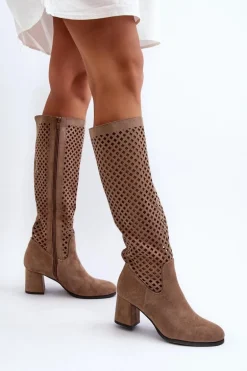 Ażurowe Kozaki Na Obcasie Zamszowe Beżowe Jolenna