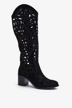Ażurowe Kozaki Na Obcasie Czarne Pinkema