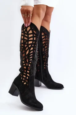Ażurowe Kozaki Na Obcasie Czarne Pinkema
