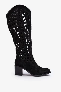 Ażurowe Kozaki Na Obcasie Czarne Pinkema