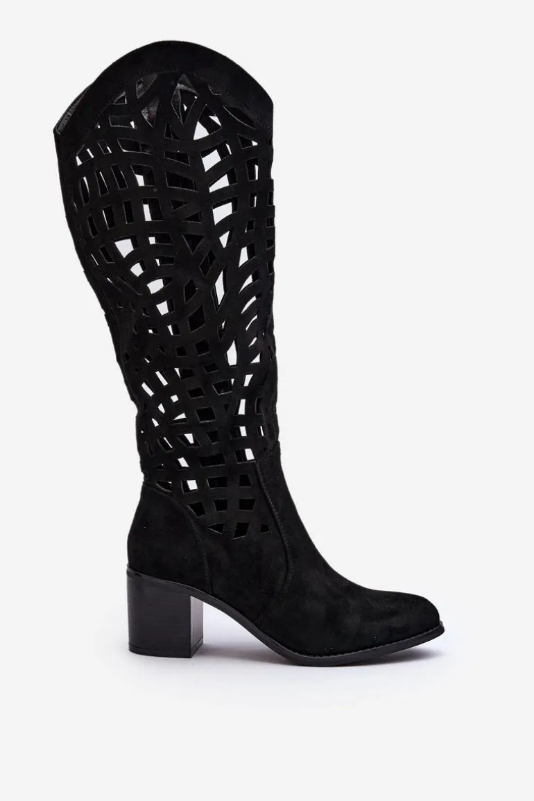 Ażurowe Kozaki Na Obcasie Czarne Pinkema