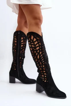 Ażurowe Kozaki Na Obcasie Czarne Pinkema