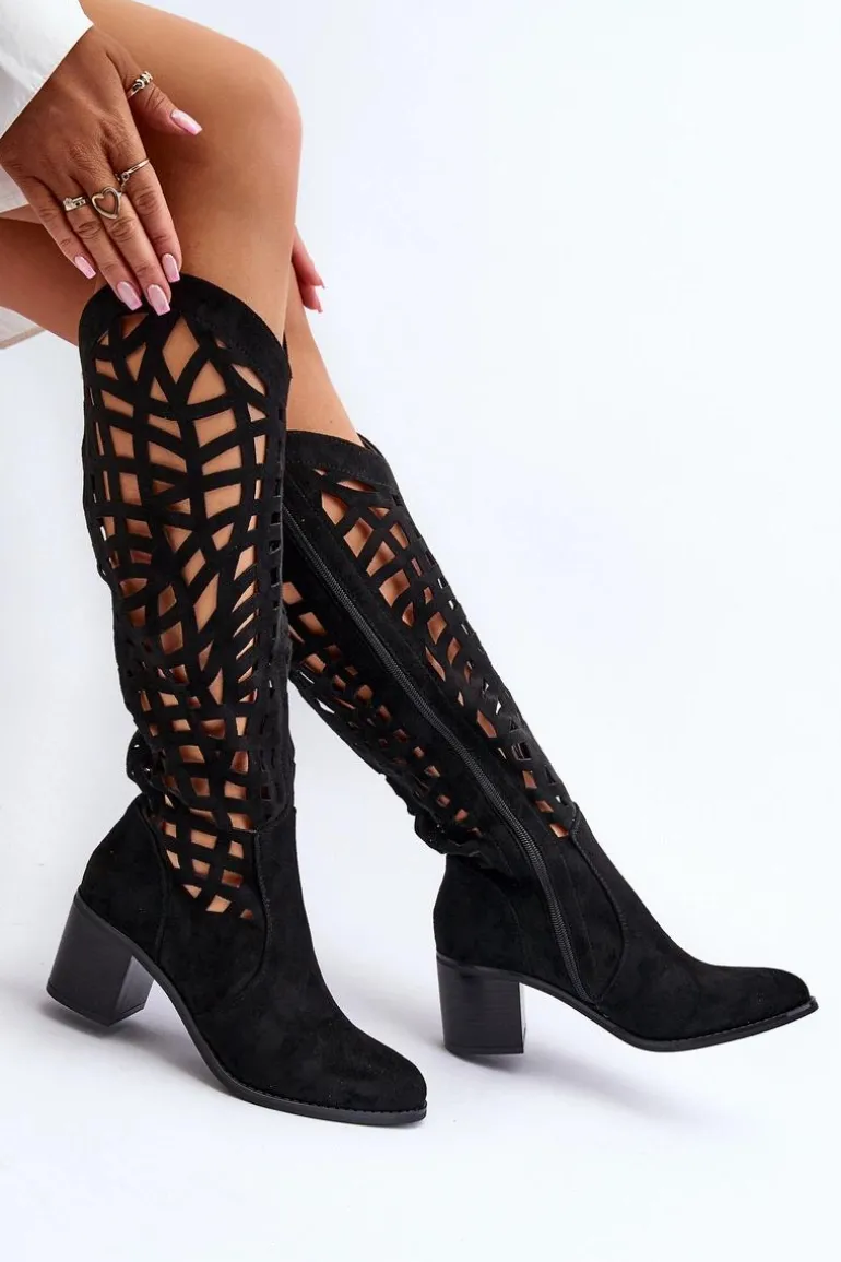 Ażurowe Kozaki Na Obcasie Czarne Pinkema