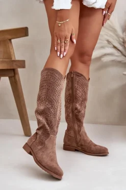 Ażurowe Kozaki Na Płaskim Obcasie Brązowe S.Barski HY42-150