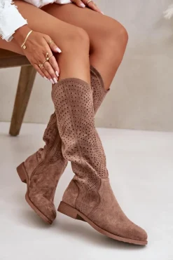 Ażurowe Kozaki Na Płaskim Obcasie Brązowe S.Barski HY42-150