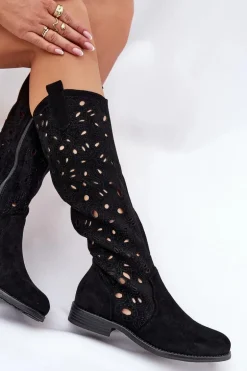 Ażurowe Kozaki Na Płaskim Obcasie HY51-176 Czarne