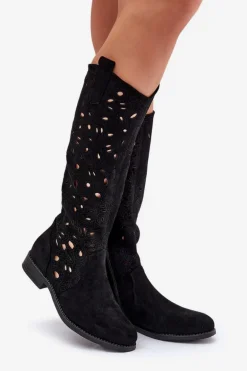 Ażurowe Kozaki Na Płaskim Obcasie HY51-176 Czarne