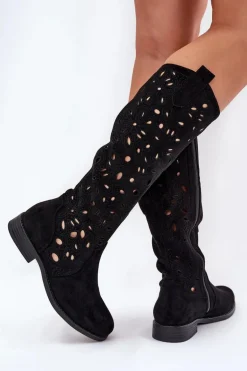 Ażurowe Kozaki Na Płaskim Obcasie HY51-176 Czarne