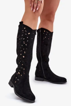 Ażurowe Kozaki Na Płaskim Obcasie HY51-176 Czarne