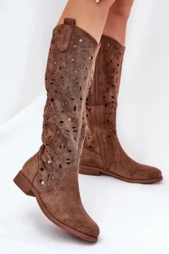 Ażurowe Kozaki Na Płaskim Obcasie HY51-176 Brązowe