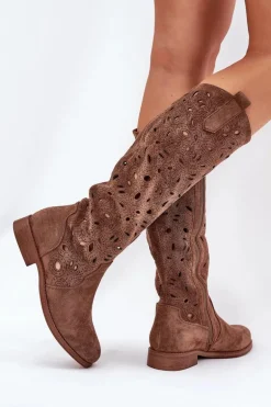 Ażurowe Kozaki Na Płaskim Obcasie HY51-176 Brązowe