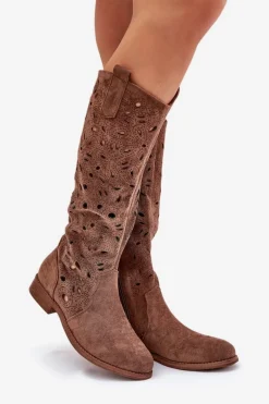 Ażurowe Kozaki Na Płaskim Obcasie HY51-176 Brązowe