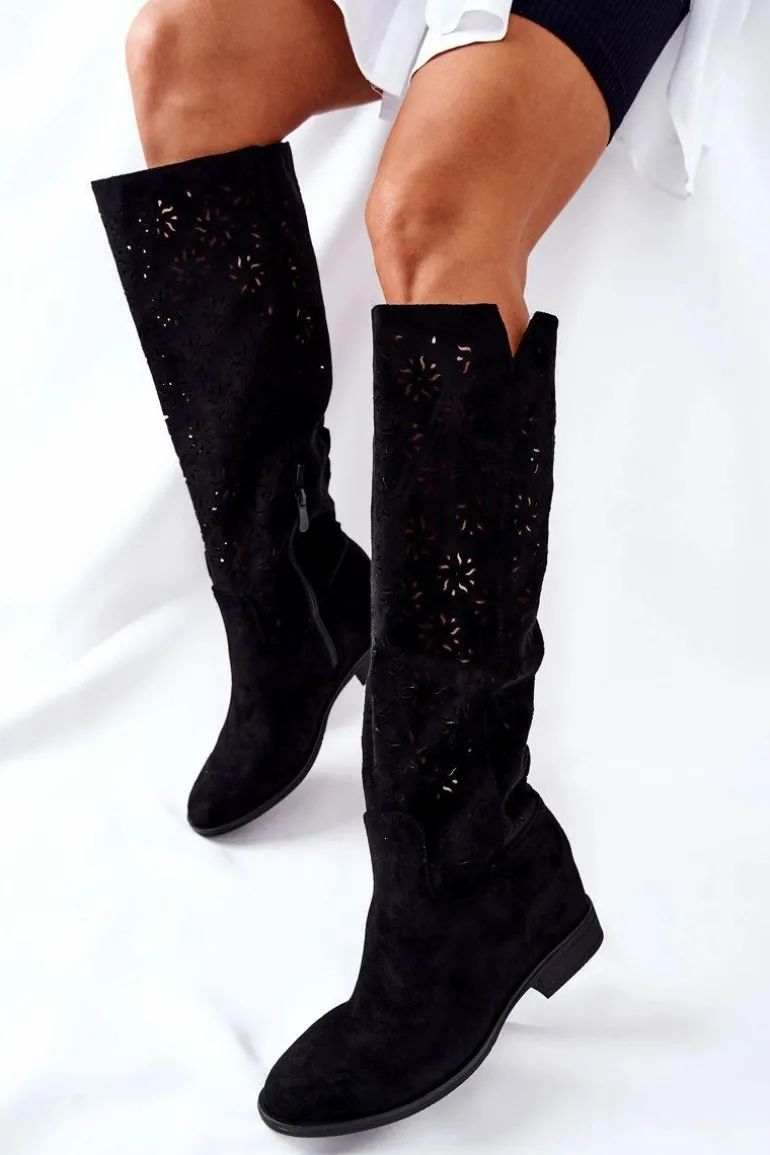 Ażurowe Kozaki Na Ukrytym Koturnie Czarne Lara