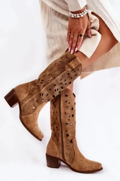 Ażurowe Kozaki Zamszowe Lewski Shoes 3170 Beżowe