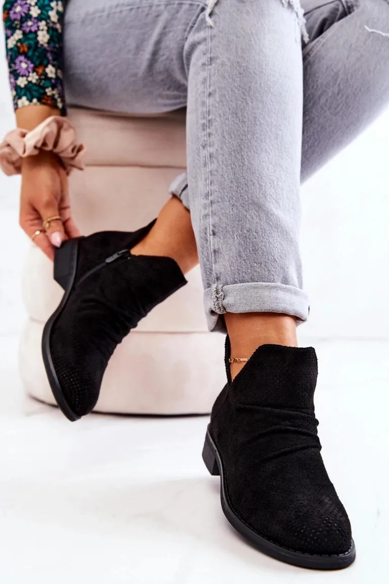 Ażurowe Marszczone Botki Czarne Cynthia