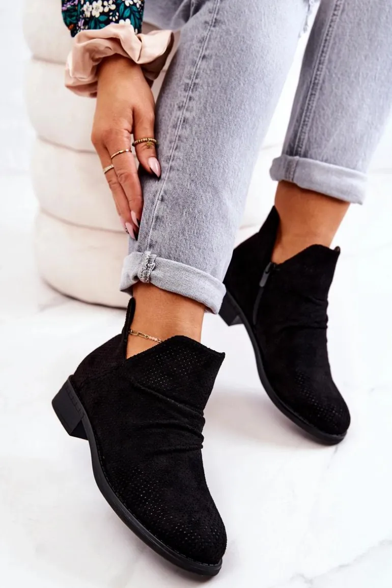 Ażurowe Marszczone Botki Czarne Cynthia