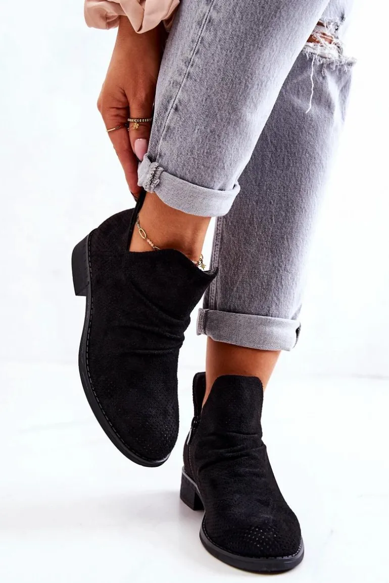 Ażurowe Marszczone Botki Czarne Cynthia