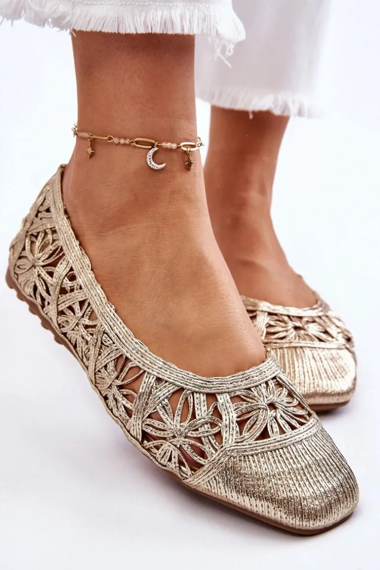 Ażurowe Modne Baleriny Złote Thiago