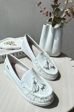 Ażurowe Mokasyny Damskie Z Eko Skóry Białe Tinami