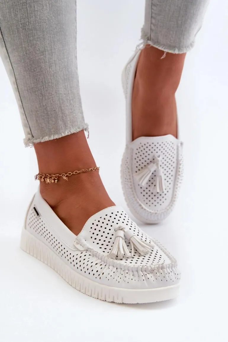 Ażurowe Mokasyny Damskie Z Eko Skóry Białe Tinami