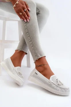 Ażurowe Mokasyny Damskie Z Eko Skóry Białe Tinami