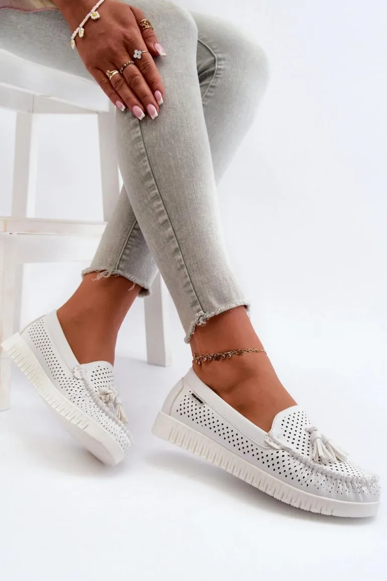 Ażurowe Mokasyny Damskie Z Eko Skóry Białe Tinami