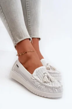 Ażurowe Mokasyny Damskie Z Eko Skóry Białe Tinami