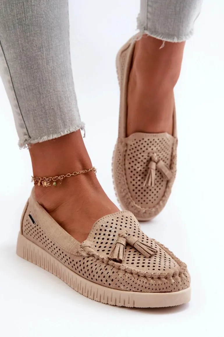 Ażurowe Mokasyny Damskie Z Eko Zamszu Złote Tinami