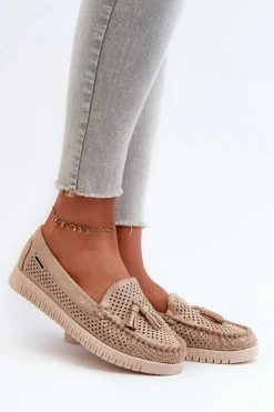 Ażurowe Mokasyny Damskie Z Eko Zamszu Złote Tinami