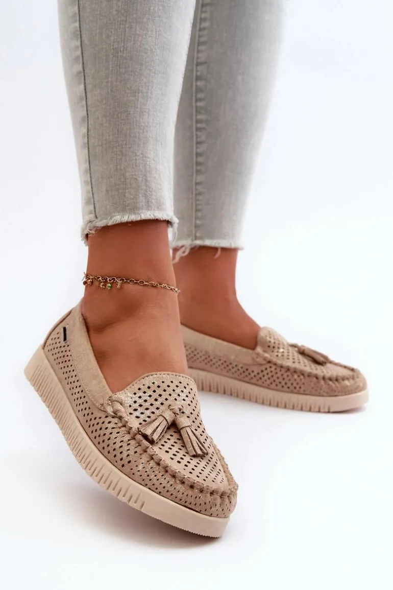 Ażurowe Mokasyny Damskie Z Eko Zamszu Złote Tinami