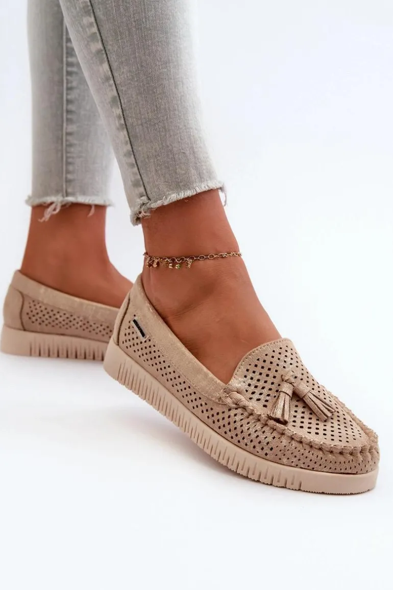 Ażurowe Mokasyny Damskie Z Eko Zamszu Złote Tinami