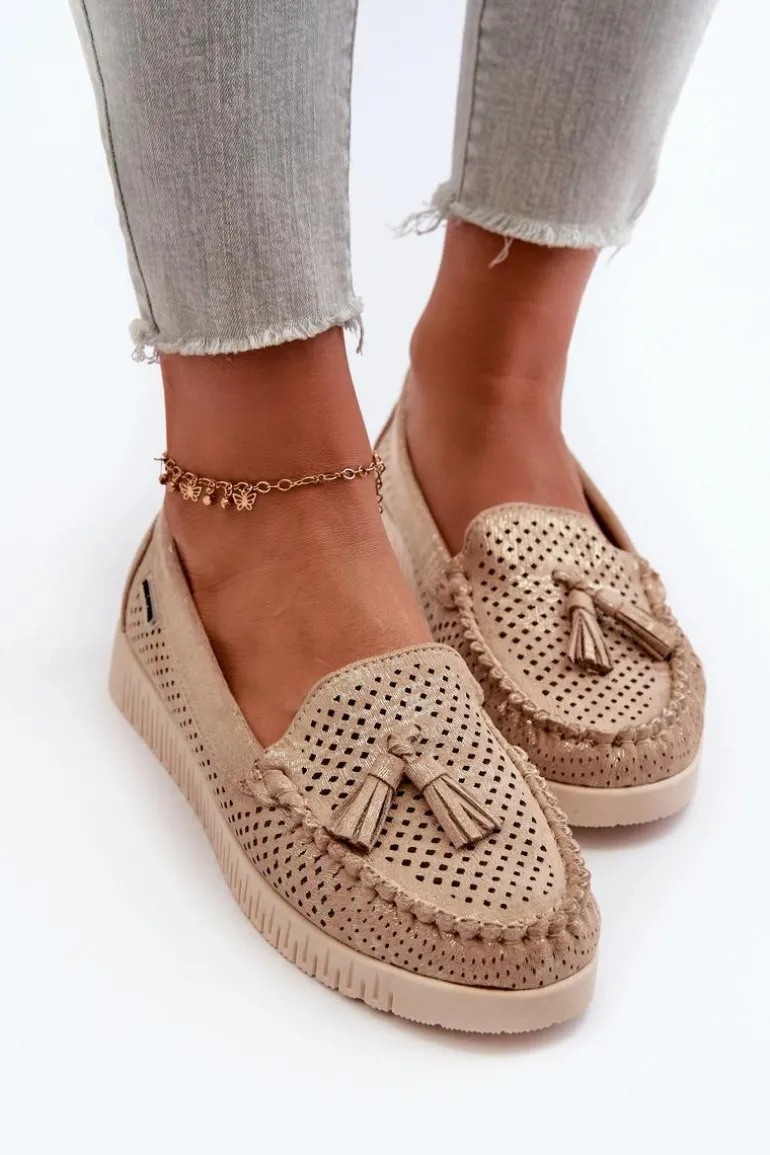 Ażurowe Mokasyny Damskie Z Eko Zamszu Złote Tinami