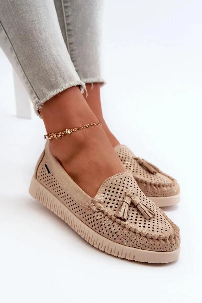 Ażurowe Mokasyny Damskie Z Eko Zamszu Złote Tinami